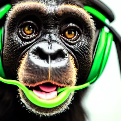 Image similar to a photo of a green chimp wearing headphones