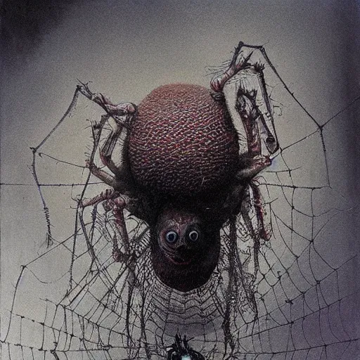 Prompt: spider morphed with hyena, many legs and eyes, large web, highly detailed beksinski art,