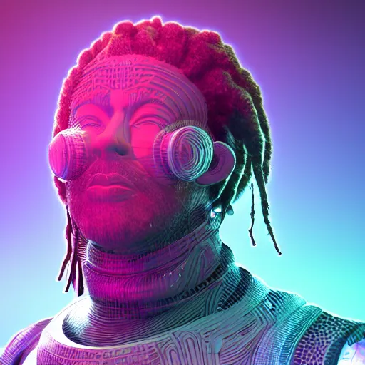 Prompt: anonymous blockchain hacker, mr olympia, titan. Dreadlock. Cornrow. multiverse. psychedelic. Galaxy. Planet. Nebula. Myth. Decentralized. 3D render, houdini 3D, octane 3D, ZBrush, Maya, Cinema 4D, Blender. vaporwave. cyberpunk,