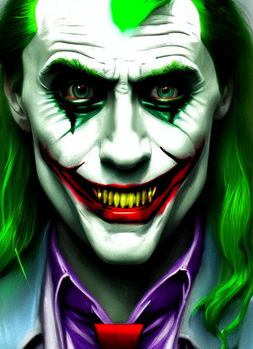 Image similar to portrait of jared leto as the joker, green hair, intricate, elegant, glowing lights, highly detailed, digital painting, artstation, concept art, sharp focus, illustration, art by wlop, mars ravelo and greg rutkowski