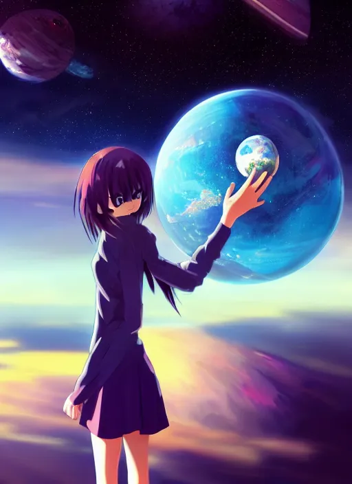 Image similar to a gigantic anime girl in outer space holding one single small blue planet in the palm of her hand. Anime, Makoto Shinkai, empty space, no planets, trending on ArtStation, digital art.