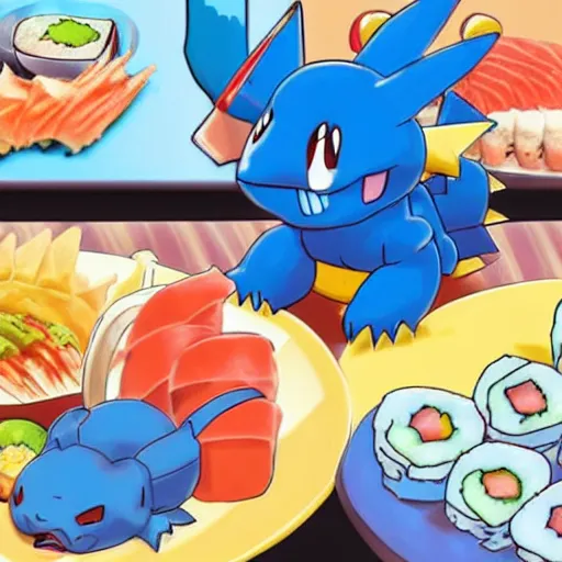 Image similar to totodile eating at sushi buffet, cute, pokemon, ken sugimori