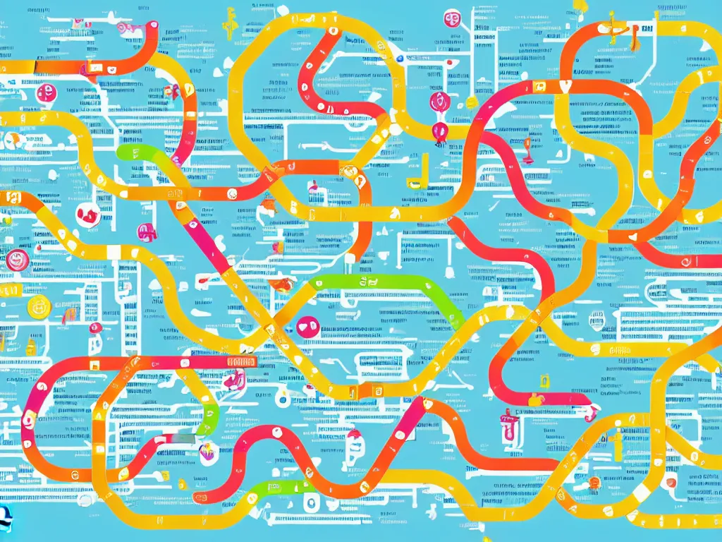 Image similar to a city metro map. the overall layout is akin to an octopus. illustration, infographic, stylised, clean, bold simple colours with legible and dyslexic friendly fonts.