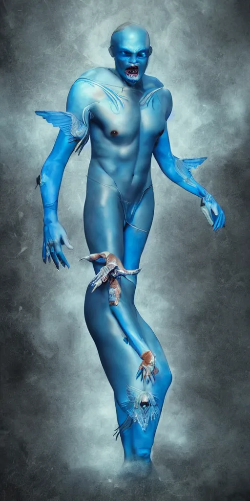 Prompt: full body male alien with cyberangel wings, tattoos cover all over him blue skin in a terrifying pose, transparent silk outfit flowing in the wind by bruce labruce, digital art, redshift render, hyperrealistic