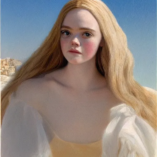Prompt: Elle Fanning in Santorini, head and shoulders portrait, extremely detailed masterpiece, illustration, by Michael Sowa,