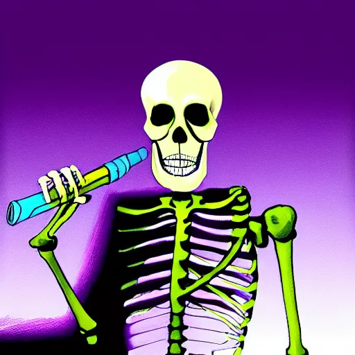 Image similar to a skeleton wearing a business suit with light purple lines on it and smoking a glowing purple cigar with glowing eyes, digital painting, portrait