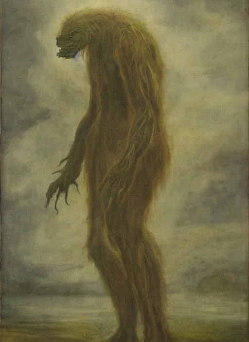 Prompt: swamp monster, misty, moody, painting, tempera paint, lonely, strong, large, muted, by anthony van dyck