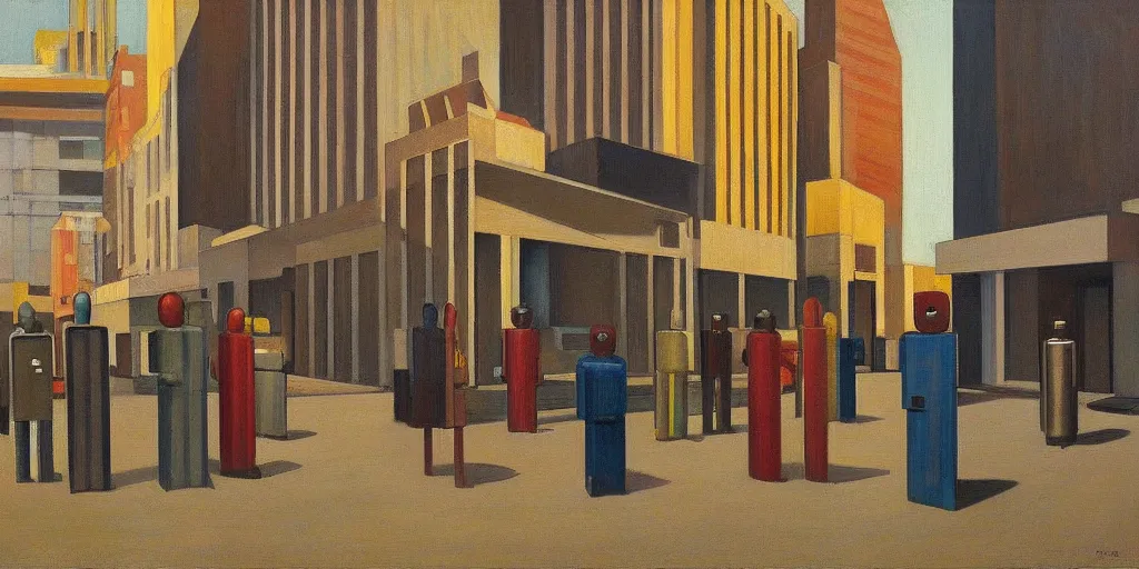 Image similar to robots queuing up in a stark brutalist town, street elevation, grant wood, pj crook, edward hopper, oil on canvas