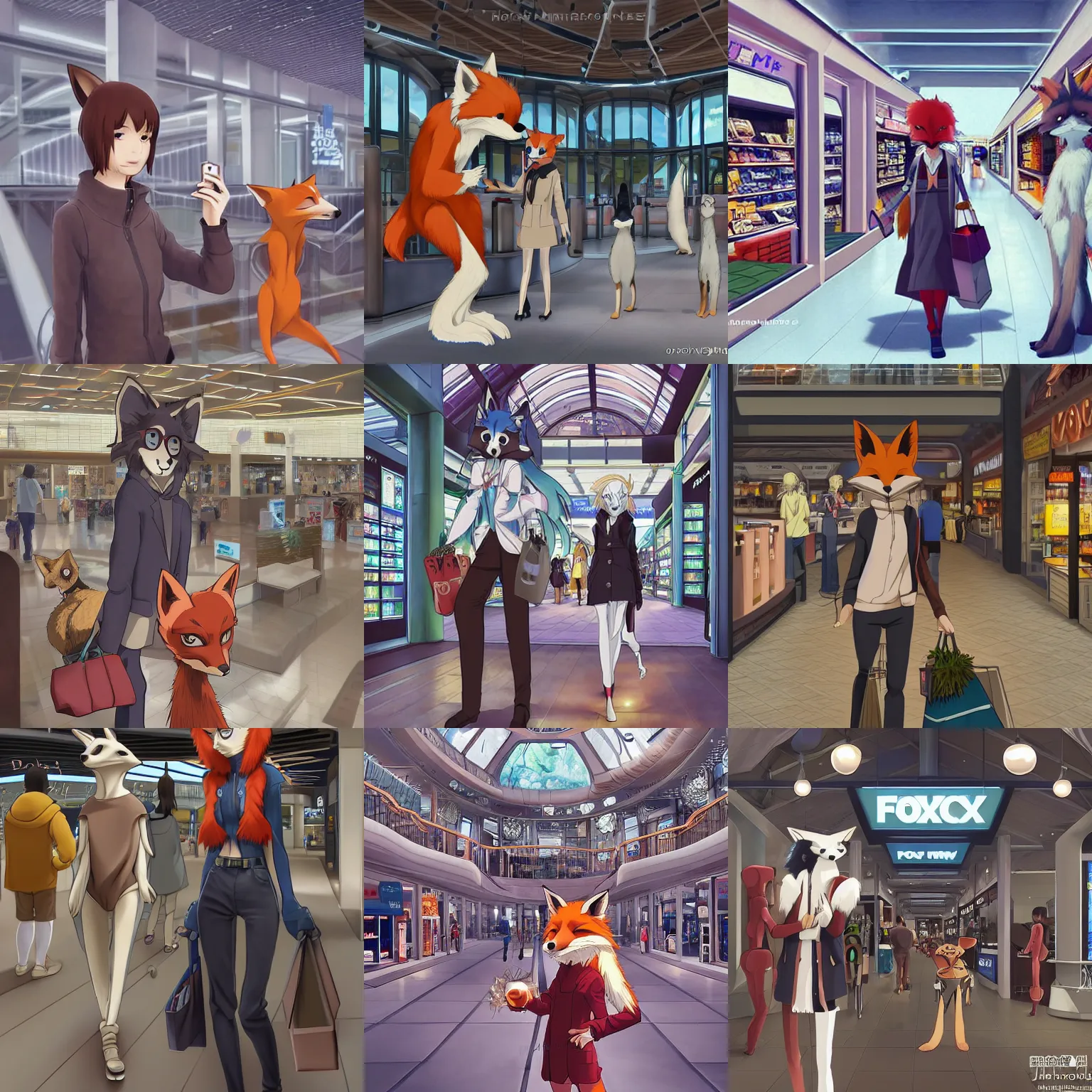 Prompt: an anthropomorphic humanoid natural furry ( ( fox ) ) person shopping at a futuristic mall, photorealistic!!!!, anime!!!!, makoto shinkai, james gurney, don!!!! bluth!!!!, disney, hibbary, dark natasha, goldenwolf, furaffinity, fursona, commission