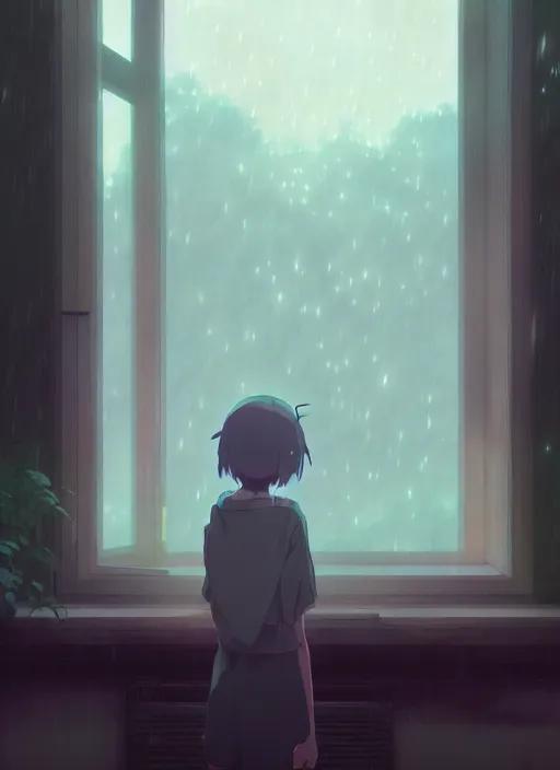 Prompt: interior background : { near the window, rainy outside }, illustration concept art anime key visual trending pixiv fanbox by wlop and greg rutkowski and makoto shinkai and studio ghibli