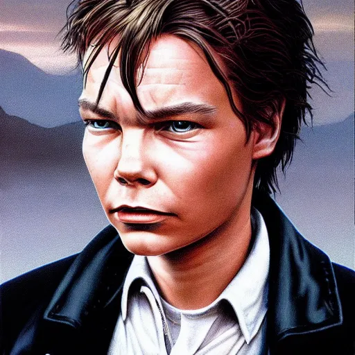 Prompt: river phoenix portrait by Peter Elson