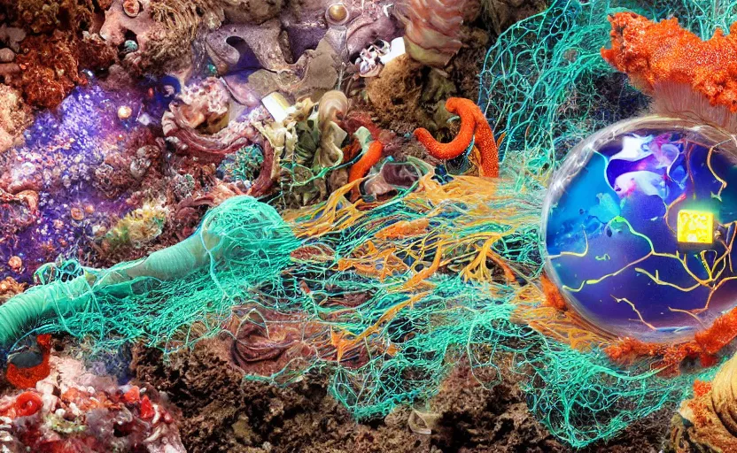 Prompt: complex merged creatures with translucent debris scales gills and fins, normal map, textured, glowing covered in worms, electronic wires, electricity explosion, worm hole, plastic sea wrapped, underwater tree roots strangled, water splash bubbles, flow, coral, glass debris pieces, dust particles, dramatic lighting, electronic wires, fire sparks, high resolution photo,