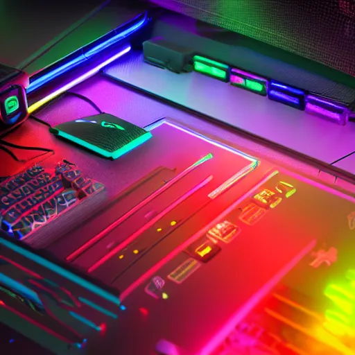 Image similar to gaming rgb computer from future, cyberpunk style, product photo, octane render, unreal render, ultra detail, no noise, isometric, full view