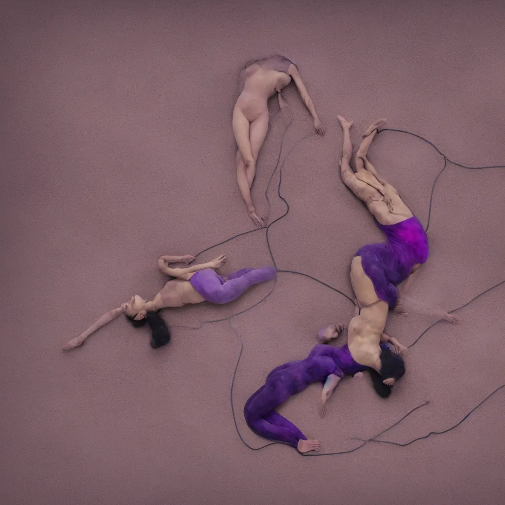 Image similar to aerial view of iridiscent oil spill in desert sand tempest with women corpses connected by cables and computers to wax forms to a buried baby relaxing on yoga mat, faded, purple gradient, dust, purple fog, depth of field, by werner herzog, hans bellmer and nadav kander, 8 k, sad atmosphere, cinematic