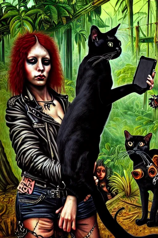 Image similar to punk rock girls making selfie with black cats in jungle , 1980 style, mad max jacket, post apocalyptic, renaissance, highly detailed, digital painting, 4k, oil painting by Leonardo Da Vinci, hyper realistic style, fantasy by Olga Fedorova