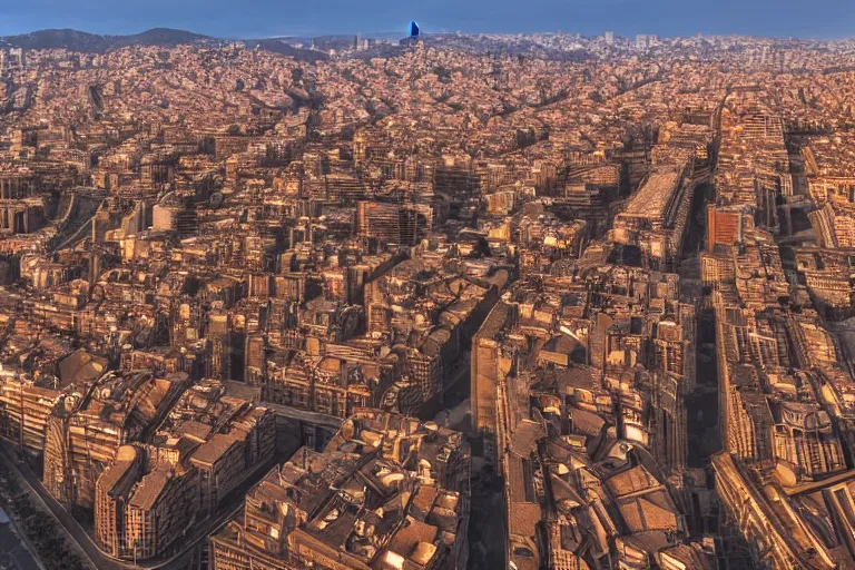 Image similar to dystopian barcelona city with sinked streets, global warming, sunset lighting, photoreal