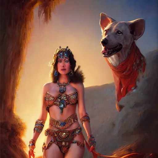 Image similar to Princess Dejah Thoris of Helium with Martian dog Woola, 4k oil on linen by wlop, artgerm, andrei riabovitchev, nuri iyem, james gurney, james jean, greg rutkowski, highly detailed, soft lighting 8k resolution