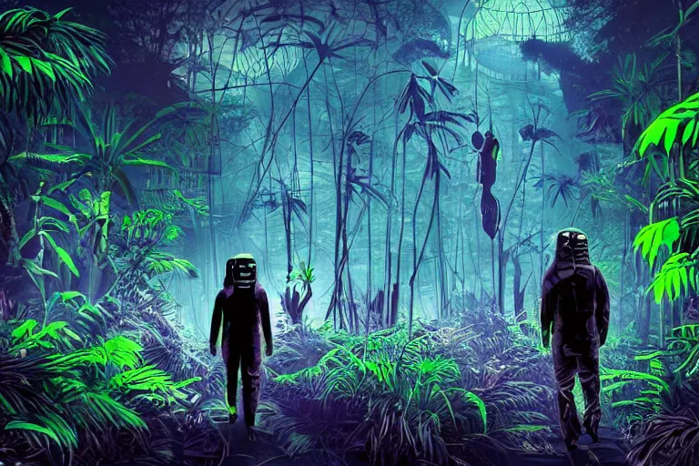 Image similar to high contrast digital art of a surreal dark jungle, astronaut walking, mysterious crazy world, talking creatures, night, fireflies