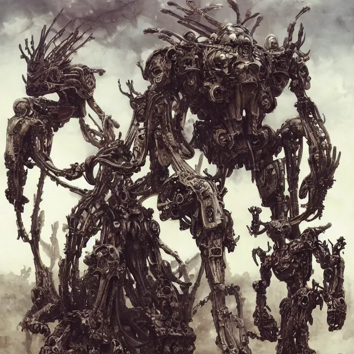 Image similar to still frame from Prometheus by Jakub Rozalski and utagawa kuniyoshi, infinite Hell Scape with gigantic mecha demon and ornate bone cyborgs by Wayne Barlowe by peter Mohrbacher by Giger, dressed by Alexander McQueen and by Neri Oxman, metal couture hate couture editorial