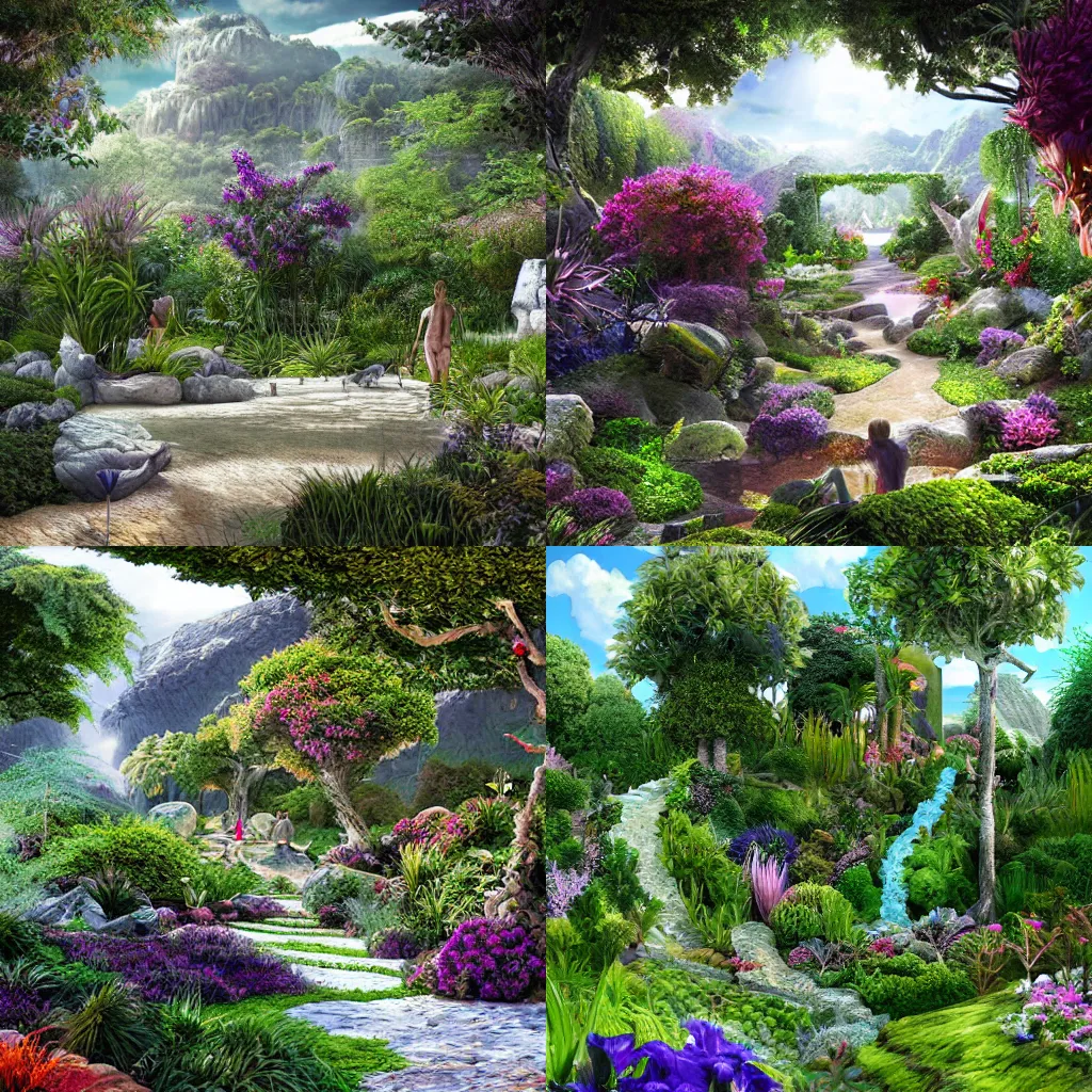 Prompt: ethereal garden of eden a photorealistic and detailed rendering