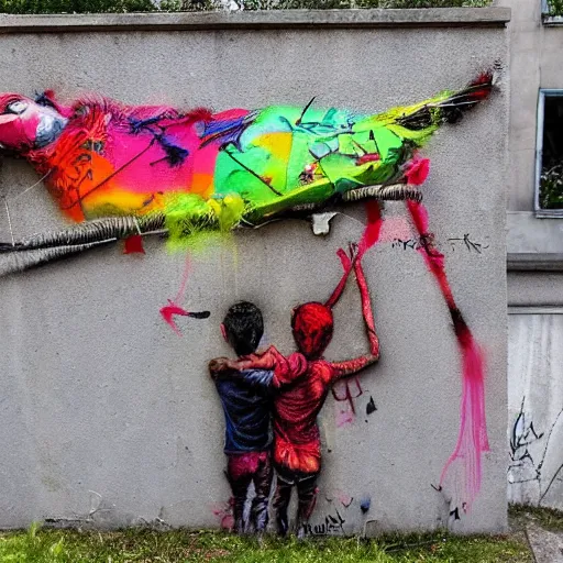 Image similar to a street art of thread connecting brother and sister by bordalo