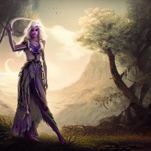 Prompt: soft painting curiosities ornaments synthwave, beautiful elven female warrior in full long dress, accurate features, focus, very intricate ultrafine details, black white purple volumetric clouds, award winning masterpiece, octane render 8 k hd, fantasy forest