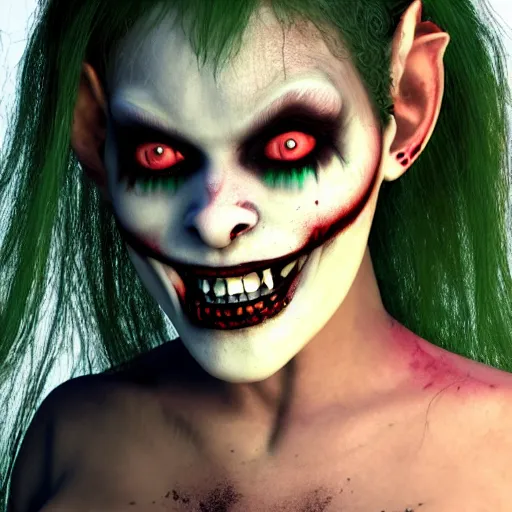 Image similar to realistic evil demon girl clown with deep dark eyes and lots of mascara and green hair and sharp wicked metal teeth and tattered elven ears very ugly creature by guillermo del toro redshift 3 d render, 1 1 aperture, 3 5 mm, canon 5 d