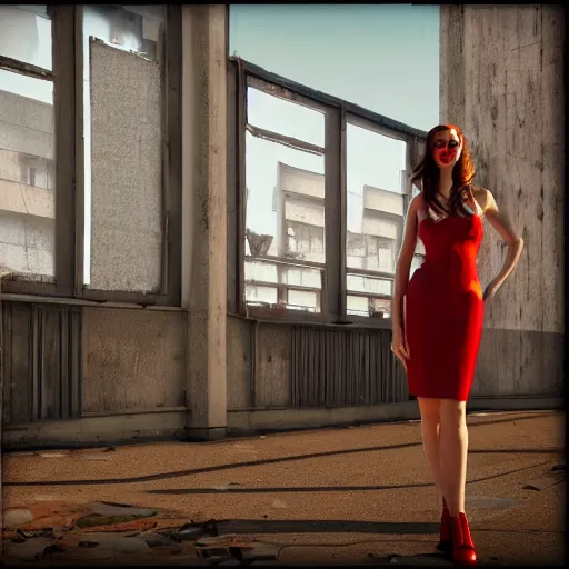 Prompt: great looking girl with long legs and red lipstick. california sun, abandoned american hotel. hyper realistic 3 d render