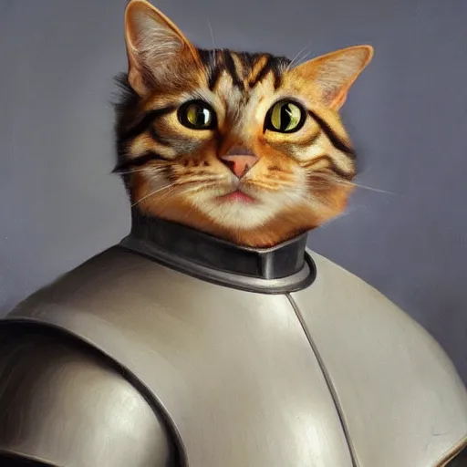 Image similar to renaissance portrait painting of a cat in a suit of armor, artstation, highly detailed