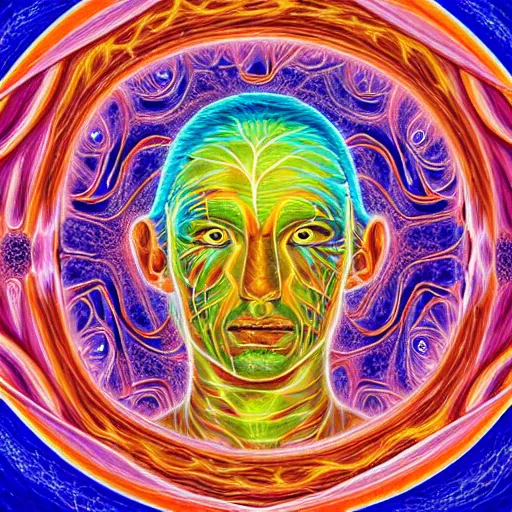Prompt: a medical illustration painted by Alex-Grey dmt-art, psychedelic painting of a man thinking across the galaxy with the astral plane connection of millions of eyes forming a vortex of consciousness