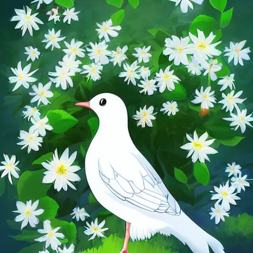 Prompt: white bird holding a flower cinematic composition, studio ghibli, digital art, cute