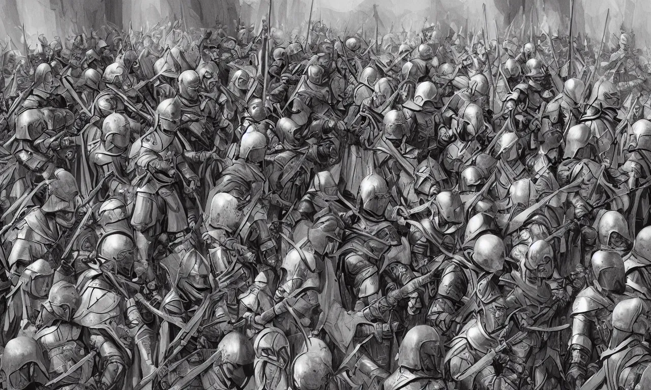 Image similar to medieval soldiers, in line, blue flagg, digital art, illustration, fantasy, sketch, dark