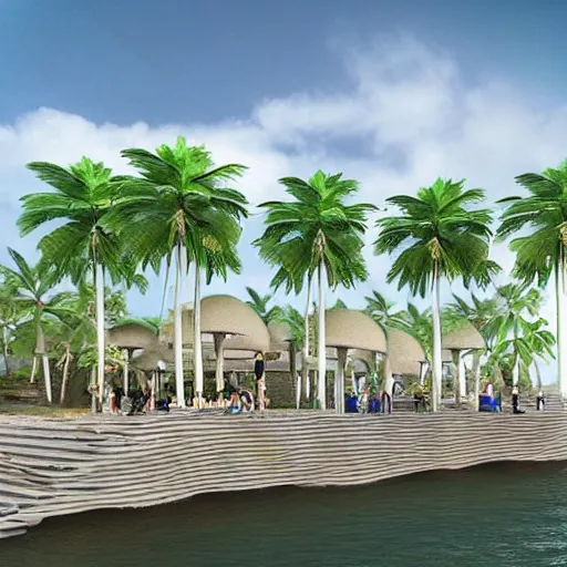 Image similar to architectural renderings, a seaside visitor center consisting of three mushroom - shaped buildings on the blue sea with tall coconut trees ， detailed