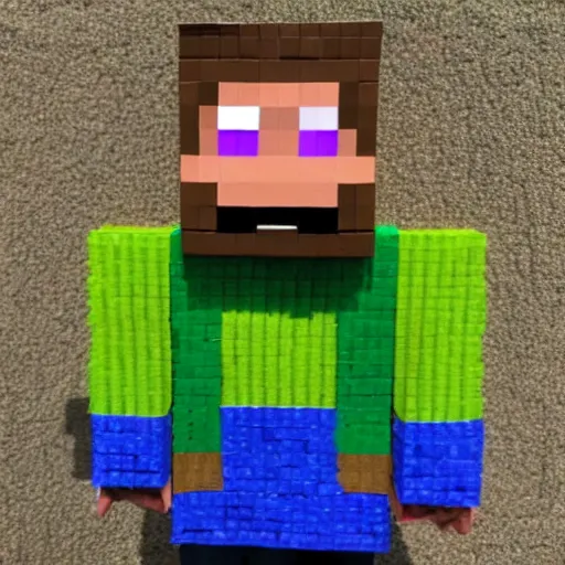 Prompt: steve from minecraft made with trimmings of newspapers