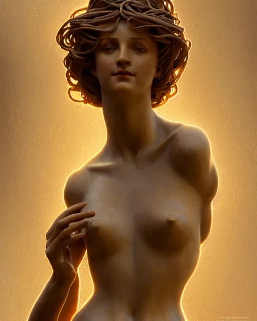 Prompt: statue of a gorgeous woman, made of spaghetti, daylight, backlit, diffuse lighting, fantasy, intricate, elegant, highly detailed, lifelike, photorealistic, digital painting, artstation, illustration, concept art, sharp focus, art by john collier and albert aublet and krenz cushart and artem demura and alphonse mucha