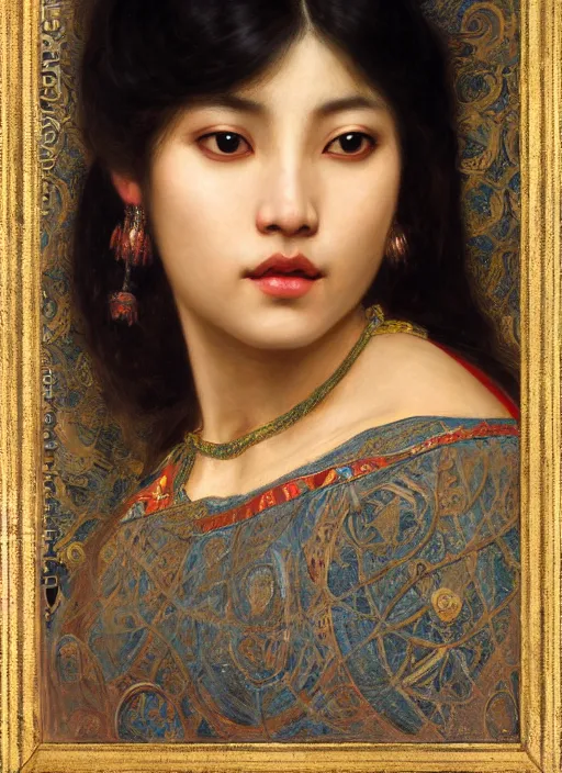 Image similar to beautifull asian queen cyborg with bangs curly Iranian orientalist portrait by john william waterhouse and Edwin Longsden Long and Theodore Ralli and Nasreddine Dinet, oil on canvas. Cinematic, hyper realism, dramatic lighting, high detail 4k