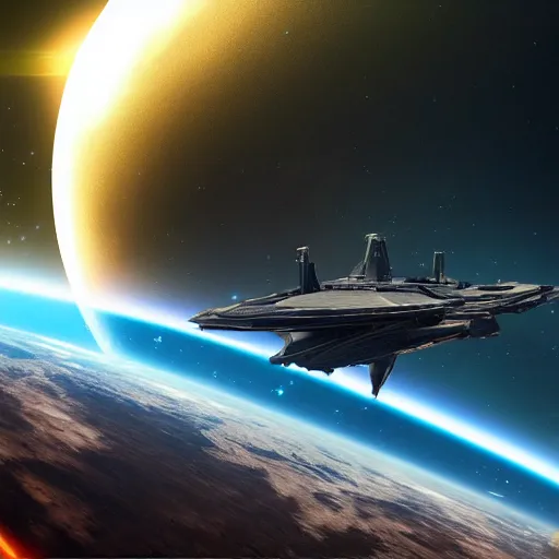Prompt: a battle spaceship hovering in space waiting, with underneath a stunning planet, cinematic dynamic lighting, concept art, photo realistic