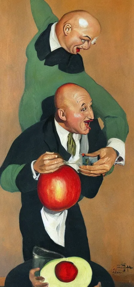 Prompt: painting of a bald man from the 1 9 3 0 looking at an apple with an amazed expression