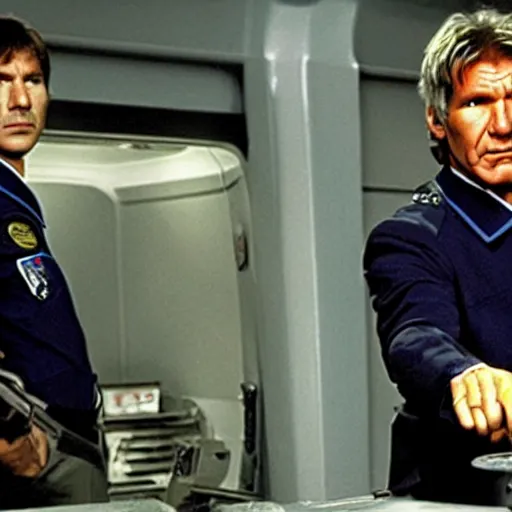 Prompt: A still of Harrison Ford in the new Battlestar Galactica (2003), wearing a very dark blue uniform, pointing angrily at Saul Tigh