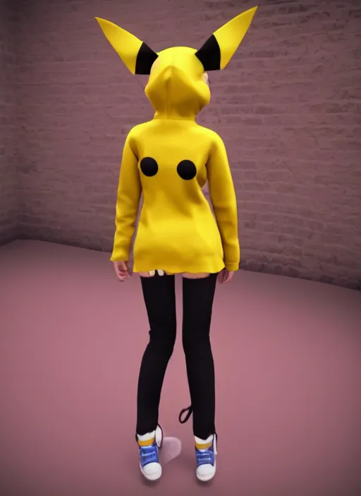 Image similar to vrchat, secondlife, imvu, 3 d model of a girl in a pikachu hoodie, cutely designed clothing, hq render, detailed textures, artstationhd, booth. pm, highly detailed attributes and atmosphere, dim volumetric cinematic lighting, hd, unity unreal engine