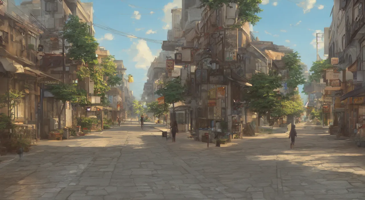 Image similar to a digital painting of a street in a small town, a screenshot by makoto shinkai, trending on cgsociety, photorealism, rendered in unreal engine, concept art, official art