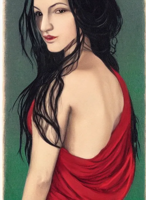 Prompt: a portrait of the most beautiful woman in the world with long black hair that extends past her waist with locks of hair that frame her face down to her chin and shows off her high forehead, dark brown eyes with long, voluminous eyelashes and pale skin, narrow waist and very large chest, wearing a revealing red V-neck blouse a loose sarong with the green symbol of the Kuja adorned on it, along with a white cape sporting epaulettes more commonly found on the jackets of high-ranking Marines, and red high heel pumps, pink hearts in the background , romantic themed, beautiful face, intricate, highly detailed, digital painting, artstation, concept art, smooth, sharp focus, illustration