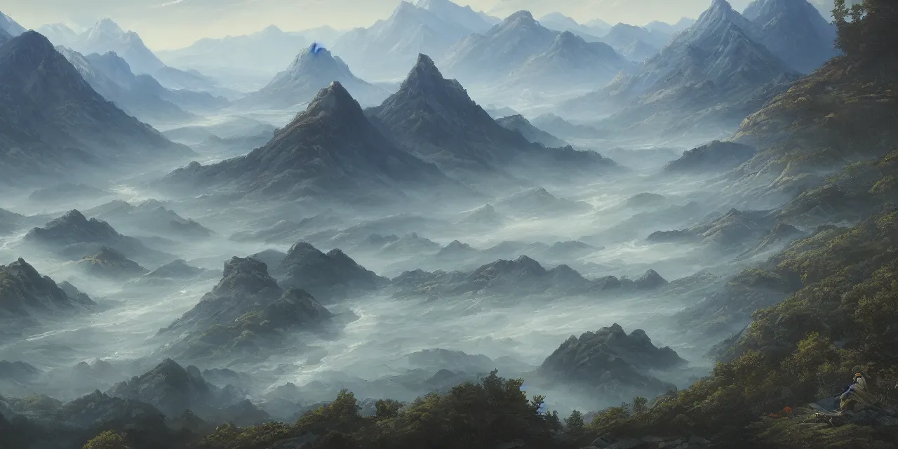 Image similar to a beautiful painting of a scene about a panorama of rivers and mountains, by yuumei and james jean, trending on artstation., ultrawide viewn and highly detailed matte painting