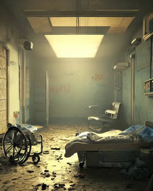 Image similar to artstation scifi scene of a shabby chinese ward, a bouquet of light on the ground business card, ceiling fan, wheelchair, crutches, beds, dust, paneled walls, unreal engine 5, hyper realism, realistic shading, cinematic composition, blender render, octane render, hdr, detailed textures, photorealistic, wide shot