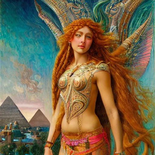 Image similar to artstation, intricate details, hyper details, by gaston bussiere and sandro botticelli, tan skin sumerian mystic lady of elche, egyptian sumerian features, techno mystic princess intergalactica, with aqua neon rapunzel dreadlocks,