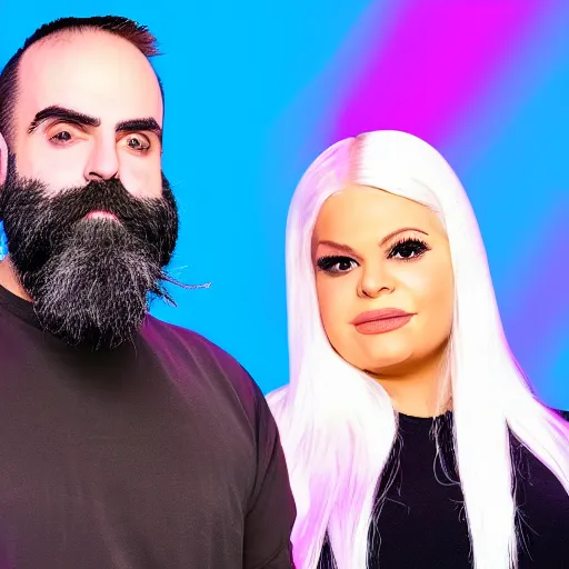 Image similar to a closeup of keemstar and trisha paytas in a podcast show, half blue and half pink background, high quality production