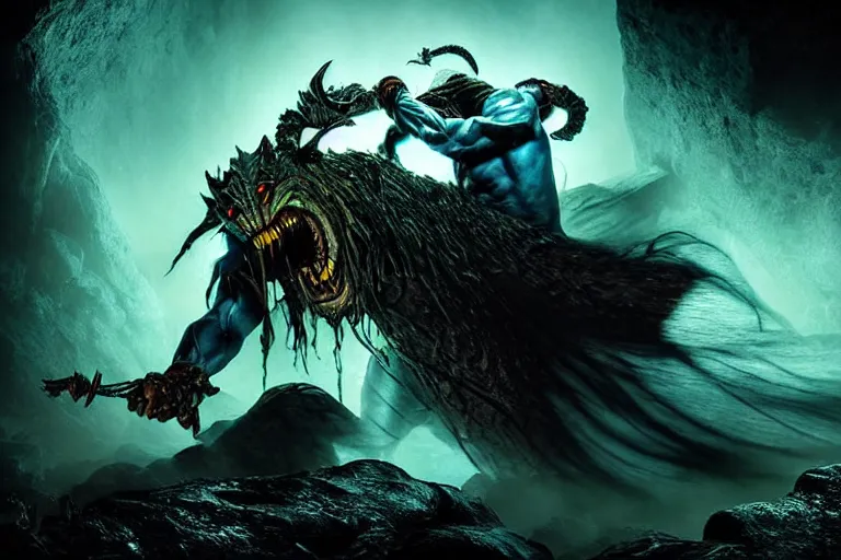 Image similar to vfx film closeup, soul reaver executing enemies, devouring magic souls, in epic ancient sacred cave temple, flat color profile low - key lighting award winning photography arri alexa cinematography, hyper real photorealistic cinematic beautiful, atmospheric cool colorgrade