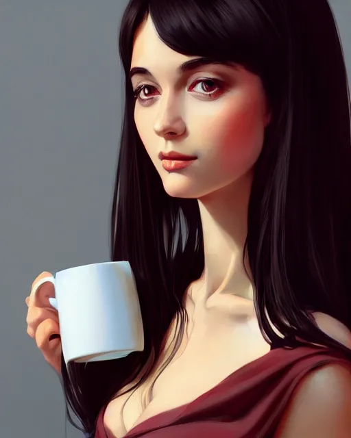 Prompt: a portait of a beautiful dark haired french girl, attractive collarbone and shoulders, holding a mug of hot tea. In the style of ilya kuvshinov, elegant, highly detailed, photorealistic, digital painting, high resolution, artstation, concept art, smooth