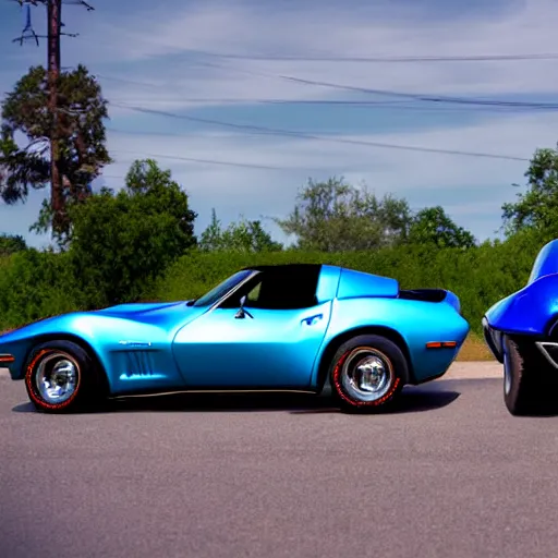 Prompt: blue 1 9 6 9 corvette and a silver 1 9 9 9 miata. 3 5 mm 8 k