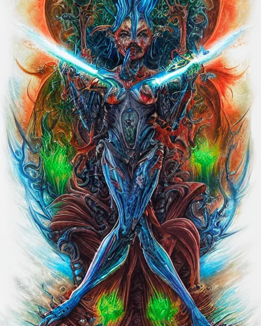 Image similar to silver mechanical charred bloody fleshmetal cyborg daemonhost woman psychedelic flamer of tzeentch with extra arms, blue and green rainbow fire, by antonio j. manzanedo, alex grey, android jones, wayne barlowe, philippe druillet, josephine wall, harumi hironaka, cronenburg, trending on artstation